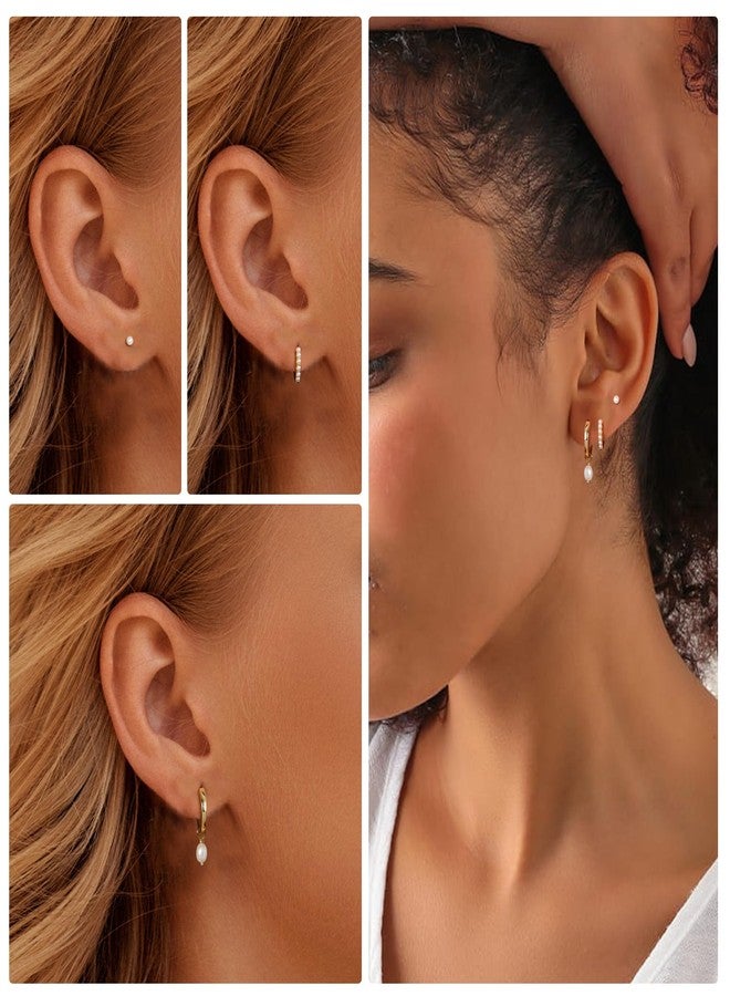OOOPEL 3 Pairs Pearl Hoop Earrings Set for Women 14K Gold Plated Pearl Earring Set CZ Small Gold Huggie Earrings for Women Trendy Jewelry Gifts - Image 5